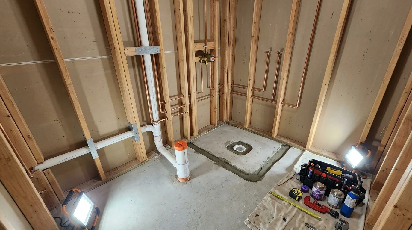 Bathroom rough-in plumbing during remodel by Johns Plumbing LLC in Fort Scott