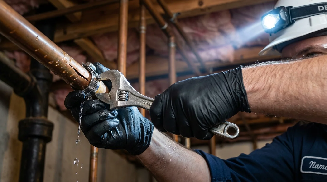 Emergency pipe clamp repair being performed by a Johns Plumbing LLC plumber in Fort Scott