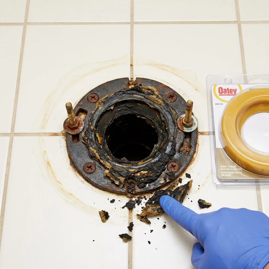 Failed wax ring showing water seepage at the base of a toilet in a Fort Scott, KS home