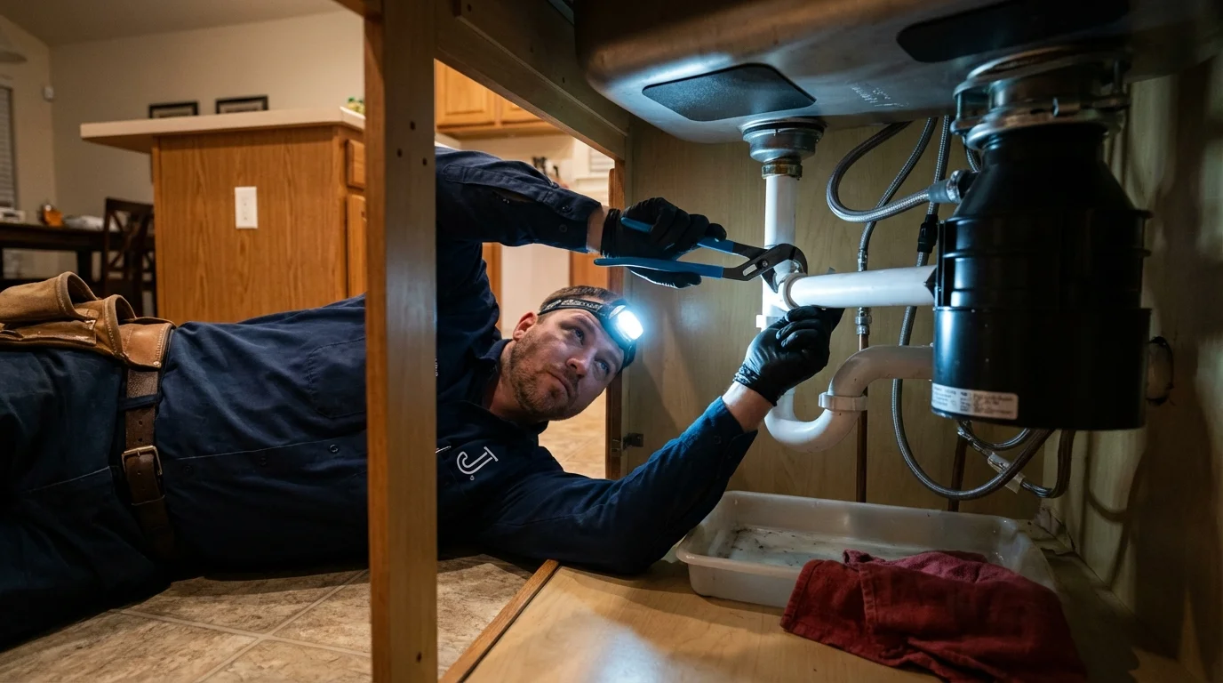 P-trap and supply line connections under a kitchen sink showing a common leak point in Fort Scott, KS